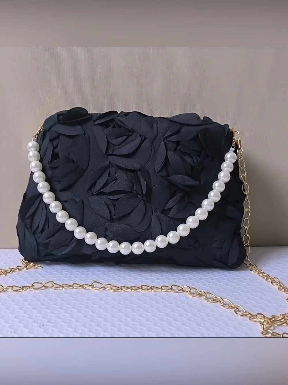 Purple Floral Rosette Pearl-Handle Shoulder Bag - Elegant Evening Clutch